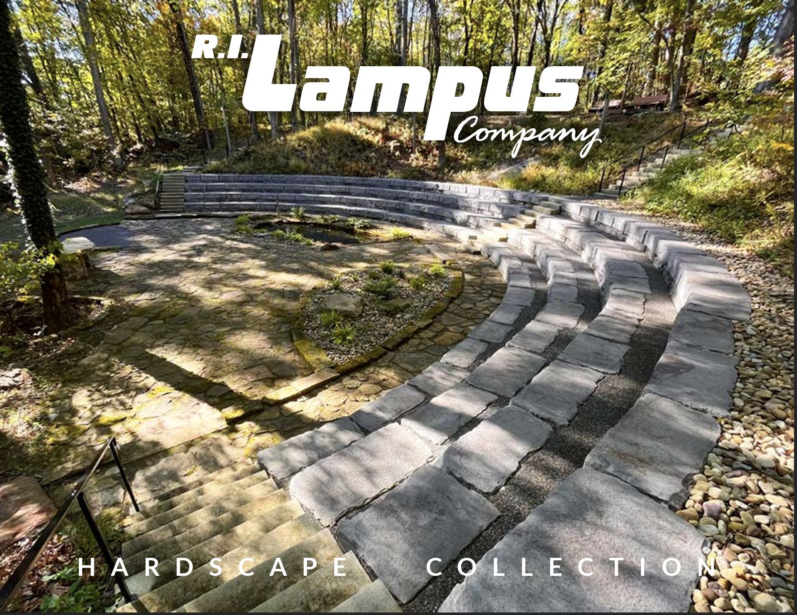 R.I. Lampus amphitheater-style stone seating installation in wooded setting