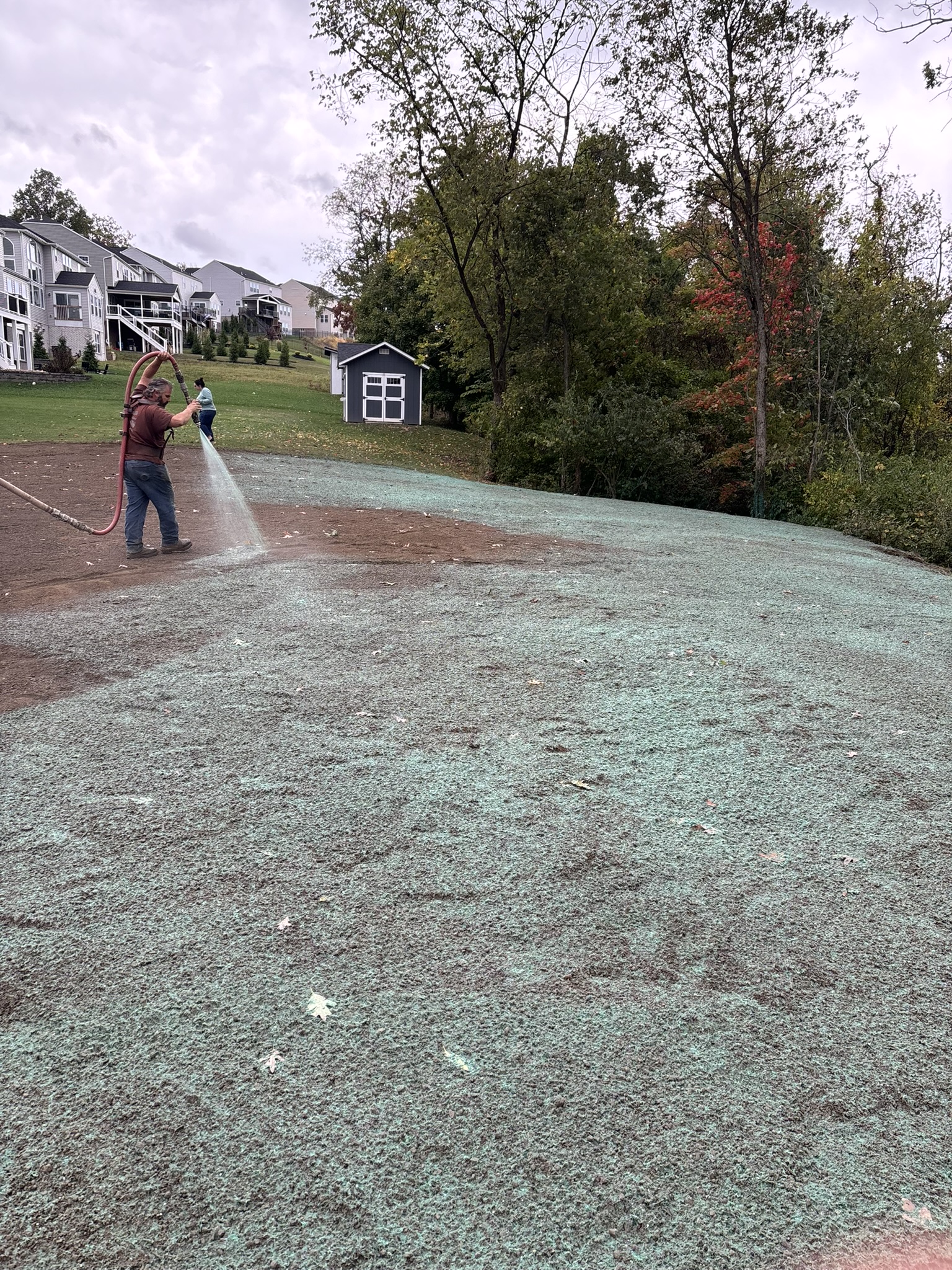 Hydroseeding installation on freshly graded lot with visible application process